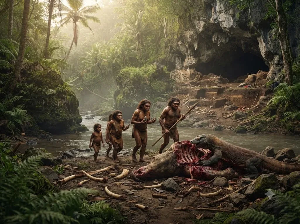 Учёные пересмотрели поведение Homo floresiensis: «хоббиты» могли быть не охотниками, а падальщиками

Анализ следов на костях с острова Флорес показал, что небольшие древние гоминины, возможно, питались остатками добычи комодских варанов, а не самостоятельно добывали крупную добычу Новые данные по останкам Homo floresiensis — небольшого древнего гоминина, найденного на острове Флорес в Индонезии, — ставят под сомнение прежние представления о его образе жизни. Исследование, опубликованное в Nature Microbiology, указывает, что эти «хоббиты» могли не охотиться на крупную добычу, как считалось ранее, а в значительной степени питаться остатками, оставленными более крупным хищником — комодским вараном. Ранее находки на стоянке Лианг Буа включали кости стегодонов — вымерших родственников слонов — и каменные орудия, что привело к гипотезе о том, что Homo floresiensis был активным охотником. Дополнительным аргументом считались следы обугливания на некоторых костях, интерпретированные как возможное свидетельство использования огня.

Однако новая тафономическая переоценка — анализ того, как формируются и изменяются костные остатки после смерти организма — даёт иную картину. Исследователи сопоставили характер повреждений костей стегодонов с экспериментальными данными, полученными при наблюдении за питанием комодских варанов. Оказалось, что наиболее ценные мясные участки на костях несут следы зубов, характерные для этих крупных ящериц, тогда как следы каменных орудий Homo floresiensis чаще встречаются на менее «выгодных» частях туши. Это указывает на последовательность событий: сначала доступ к добыче имели крупные хищники, а затем к остаткам приходили гоминины. Изображение сгенерировано: Nano Banana Если интерпретация верна, то поведение Homo floresiensis больше напоминало падальщика, чем активного охотника: они могли доедать туши после первичных хищников, а не добывать стегодонов самостоятельно. Это существенно меняет представление об их экологической нише и когнитивных возможностях, которые ранее связывали с регулярной охотой на крупную фауну и использованием огня. Отдельно исследователи пересмотрели и данные о возможном контролируемом использовании огня.

Из тысяч костных фрагментов стегодонов только один демонстрирует признаки термического воздействия, причём он мог оказаться в культурном слое позже, уже в результате нарушений стратиграфии. Это делает гипотезу о систематическом использовании огня крайне сомнительной. Авторы исследования в итоге заключают, что поведенческий репертуар Homo floresiensis, вероятно, был более ограниченным, чем у современных людей и неандертальцев, и не включал устойчивых практик охоты на крупную добычу и управления огнём. Таким образом, пересмотр данных с острова Флорес смещает образ «хоббитов» от активных охотников к более зависимой стратегии выживания, где ключевую роль могли играть конкуренция с крупными хищниками и использование уже доступных пищевых ресурсов.

#технологии #homo_floresiensis #комодские_вараны #падальщики #эволюция_человека
